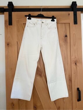 Mango Gabriela Ecru Straight Leg High Waist,Off-White,Button-Fly, Crop Jeans, 2